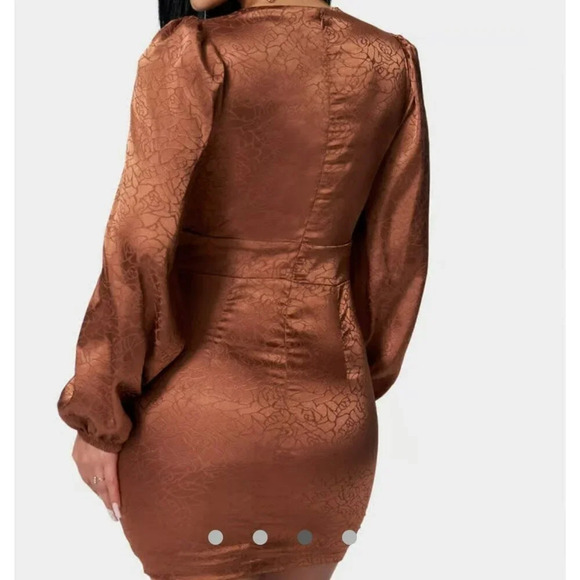 NEW Bebe Satin Button Up Jacquard Mini Dress Women Medium Copper Rust‎ Orange - Picture 4 of 10